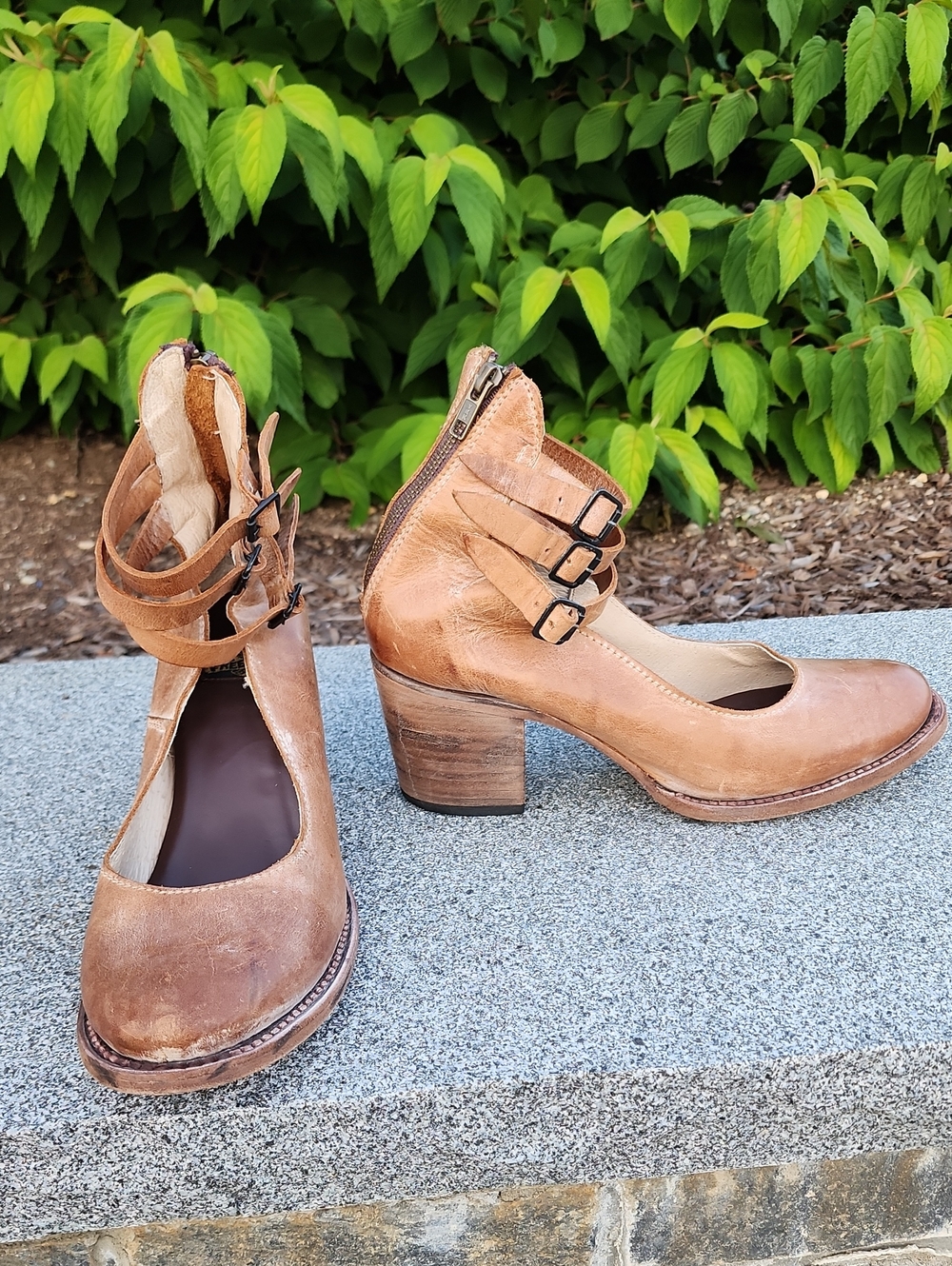 Freebird By Steven Randi Tan Leather Block Closed Toe Pumps Triple Ankle Straps